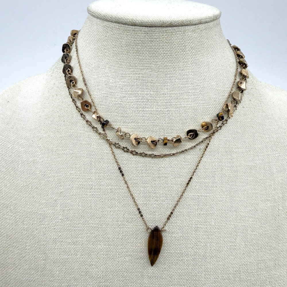 Gold Tone Brown Marquise Pendant Multi Strand Necklace Boho Statement Jewelry